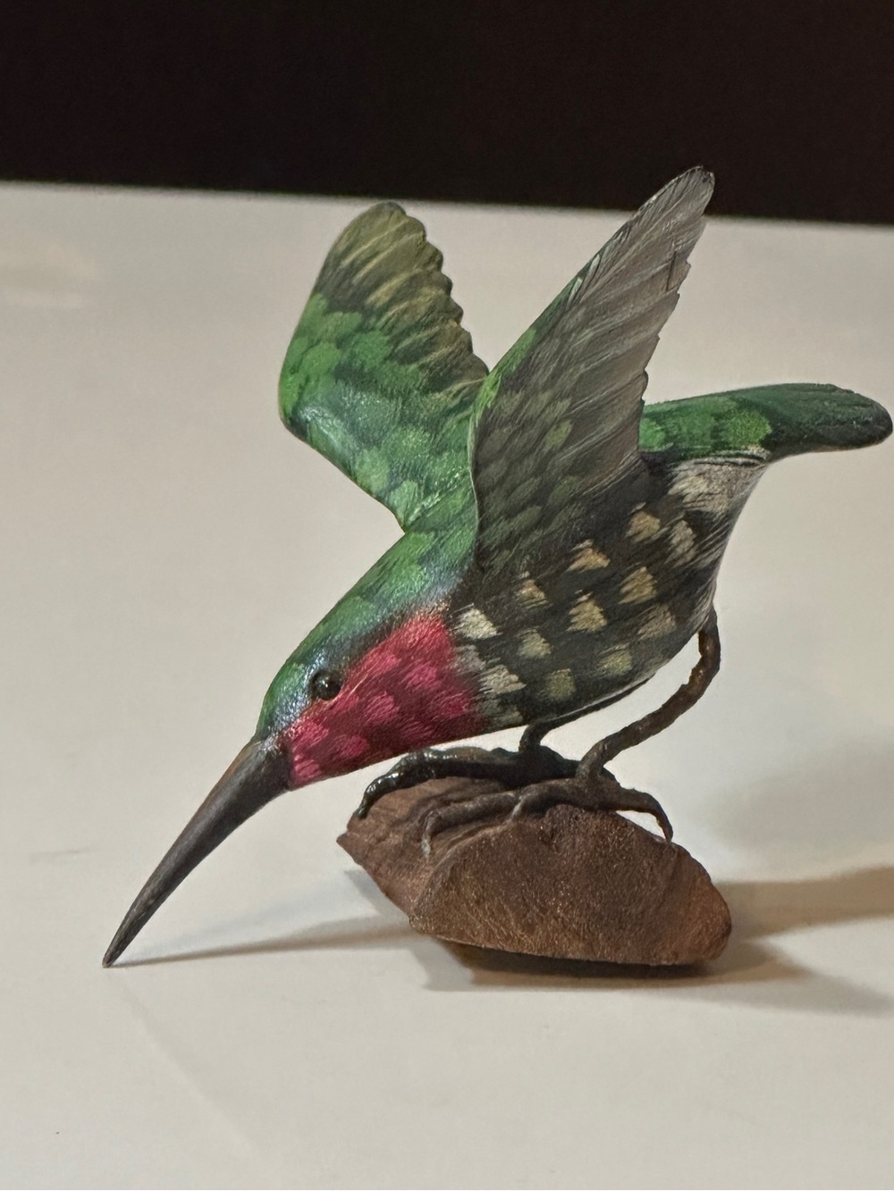 Hand Carved Hand Painted Wood Ruby Throated Hummingbird Figurine Sculpture